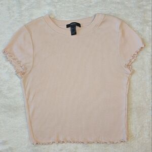 Forever 21 Medium Soft Pink‎ Lettuce Hem Trim Rib-knit Crop Top Short Sleeve